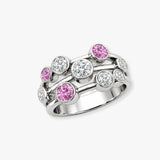 18ct White Gold 0.37cts Natural Diamond 0.45cts Pink Sapphire 3 Row Bubble Ring