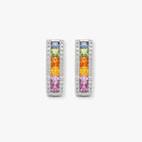 18ct White gold Natural Diamond 16pt and multi coloured sapphires 1.60ct huggie earrings with a hinge notched post fixing.
