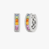 18ct White gold Natural Diamond 16pt and multi coloured sapphires 1.60ct huggie earrings with a hinge notched post fixing.