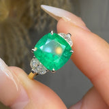 "Calyrex" Emerald Green 3.4 Carat Cushion Cut Trilogy Natural Diamond Engagement Ring HR1846 HEERA DIAMONDS