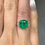 "Calyrex" Emerald Green 3.4 Carat Cushion Cut Trilogy Natural Diamond Engagement Ring HR1846 HEERA DIAMONDS