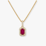 Emerald Cut Ruby Pendant with Diamond Halo With Chain