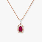 Emerald Cut Ruby Pendant with Diamond Halo With Chain