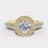 "Indy" 1 carat Halo Round Brilliant Cut Diamond Scallop Set Diamond Shoulder Engagement Ring HARB17