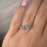 "Kayle" Round Cut 1.5 Carat Trilogy Platinum Engagement Ring Life style- Front View