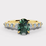 "Tessa" Oval Cut 2 Carat Lab Grown Fancy Vivid Green Diamond Shoulder 18k Yellow Gold Engagement Ring DSOC05