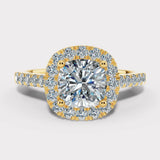 "Madonna" 2.0 Carat Halo Cushion Cut Diamond Shoulder 18k Yellow Gold Engagement Ring