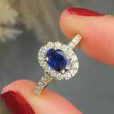 "Norix" Blue Sapphire 0.44 Carat Oval Cut Halo Natural Diamond Shoulder Engagement Ring HR1271