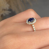 "Norix" Blue Sapphire 0.44 Carat Oval Cut Halo Natural Diamond Shoulder Engagement Ring HR1271