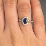 "Norix" Blue Sapphire 0.44 Carat Oval Cut Halo Natural Diamond Shoulder Engagement Ring HR1271