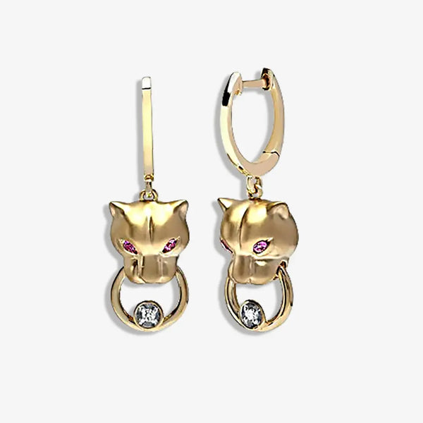 PINK SAPPHIRE AND DIAMOND PANTHER STUD EARRINGS IN 9K YELLOW GOLD HEERA