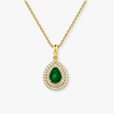 Pear Cut Emerald Cluster Pendant with Double Diamond Halo