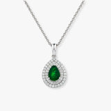 Pear Cut Emerald Cluster Pendant with Double Diamond Halo