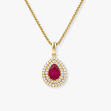 Pear Cut Ruby Pendant with Double Diamond Halo