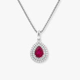 Pear Cut Ruby Pendant with Double Diamond Halo