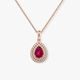 Pear Cut Ruby Pendant with Double Diamond Halo