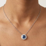 Round Sapphire Pendant with Double Natural Diamond Halo With chain