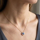 Round Sapphire Pendant with Double Natural Diamond Halo With chain
