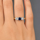 "Vaelisse" 0.75 Carat  Blue Sapphire Round Cut Natural Diamond Trilogy Engagement Ring MSR549