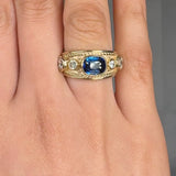 "Zelora" Blue Sapphire 1.58 Carat Cushion & Round Cut Lab Grown Diamond Shoulder Engagement Ring HLR193