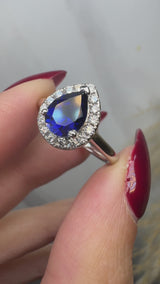 "Hailey" Pear Cut 3 Carat Halo Lab Grown Blue Sapphire Engagement Ring HAPS11S