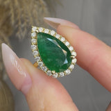 "Orzen" Emerald Green 5.81 Carat Pear Cut Halo Natural Diamond Engagement Ring HR843