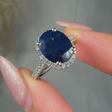 "Arvion" Blue Sapphire 3.4 Carat Oval Cut Natural Diamond Shoulder Engagement Ring HM1469