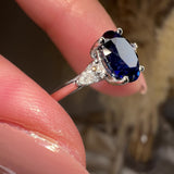 "Gwen" Trilogy 2 Carat Oval Cut Lab Grown Blue Sapphire Pear Shoulders Platinum Engagement Ring 3SOC05