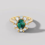 "Jass" Oval Cut Halo 2.5 Carat Green Lab Grown Emerald Yellow Gold Engagement Ring