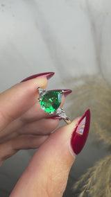 "Glenda" 3.5 Carat Lab Grown Green Emerald Three Stone Pear Cut Platinum Trilogy Engagement Ring 3SPS01E
