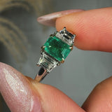 "Orlien" Green Emerald 0.65 Carat Emerald Cut Natural Diamond Trilogy Engagement Ring HM2043